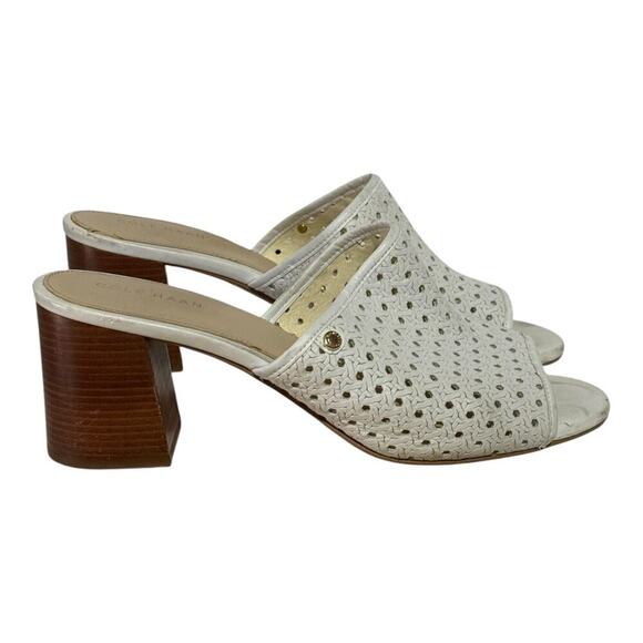 Cole Haan Shoes - Cole Haan Woven Block Heel Mulkes Womens 8 B White Leather Peep Toe Sandals